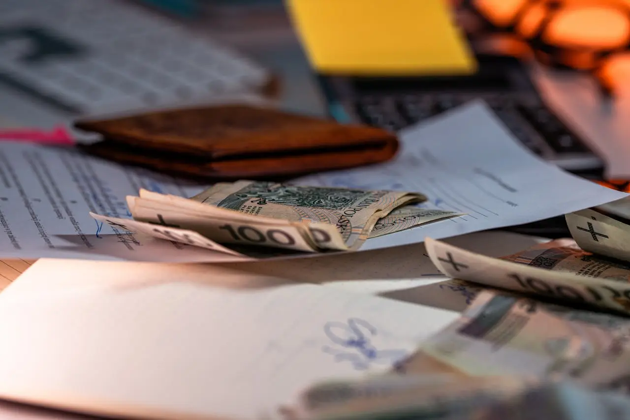 Geldscheine und Rechnungen auf dem Schreibtisch — Liquidität sichern bei drohender Insolvenz