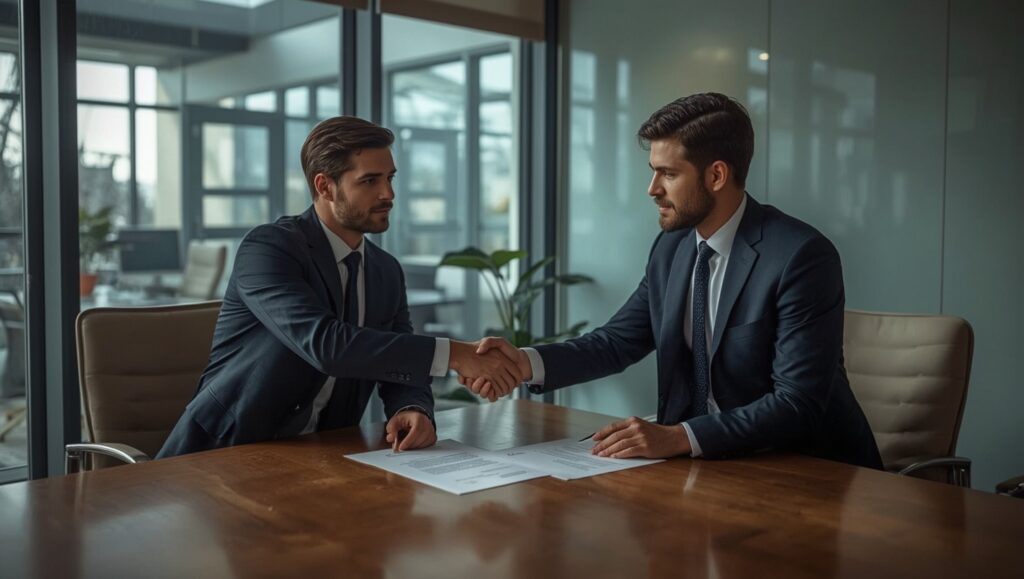 Zwei Geschäftsleute besiegeln per Handschlag den Verkauf einer GmbH über einen Contract am Konferenztisch